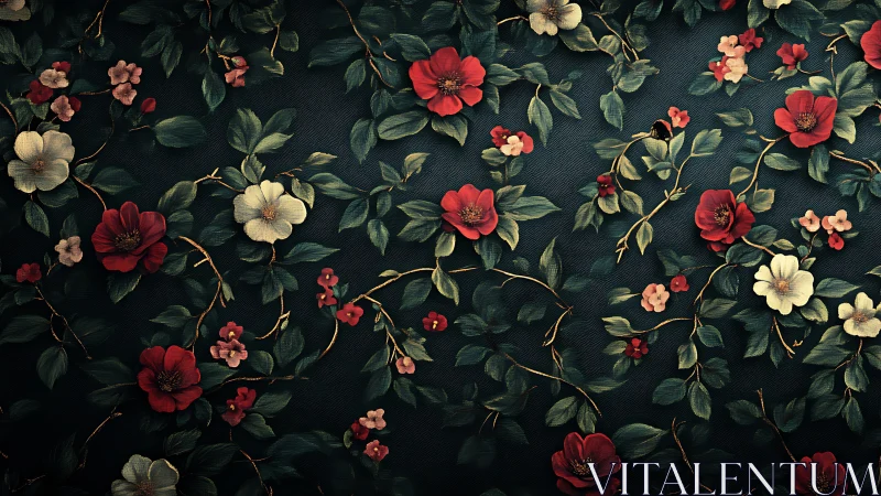 Botanical Floral Composition with Red and Cream Blooms on Dark Textile Surface