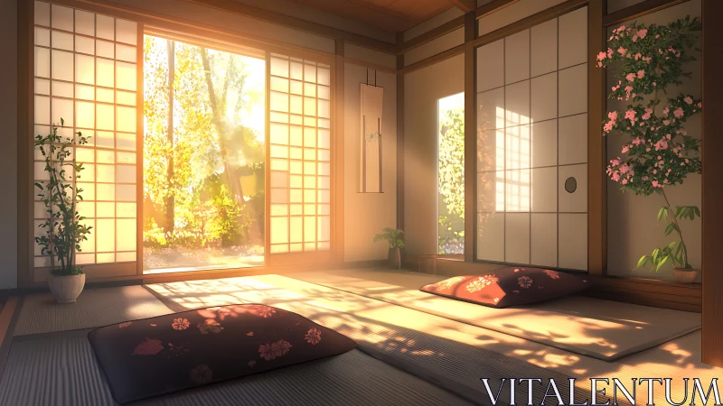 Sunlit tatami room opens to serene garden in gentle glow.