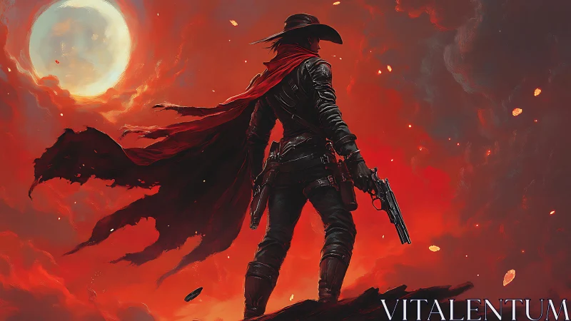 Scarlet gunslinger under blood moon on burning ridge.