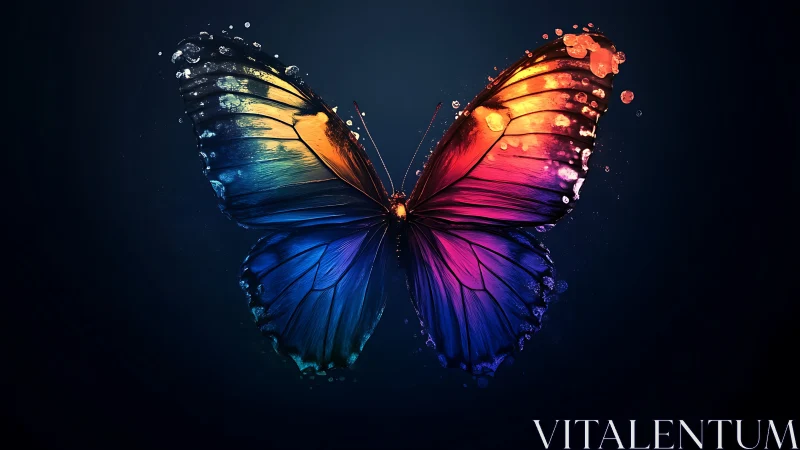 Digital painting of luminous multicolor butterfly on dark field.