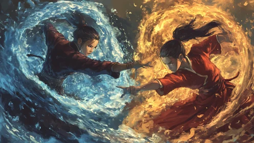 Dual martial artists command elemental fire and water vortexes