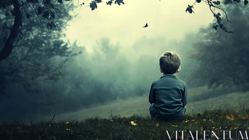 Solitary child observing misty forest valley with distant bird