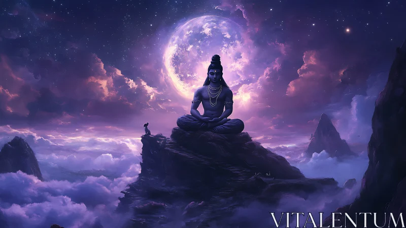 Lunar-illuminated mountain meditation with cosmic cloud strata.