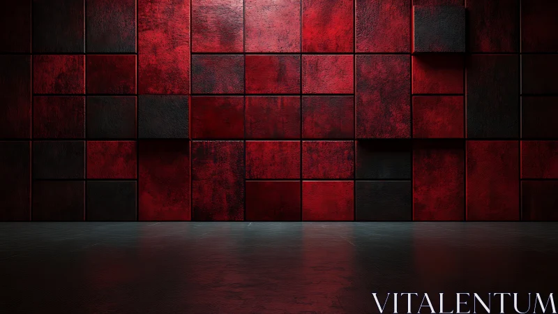 Red modular wall with textured cubic panels forms dramatic grid