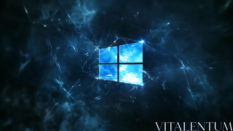 Blue window icon in abstract digital particle field.