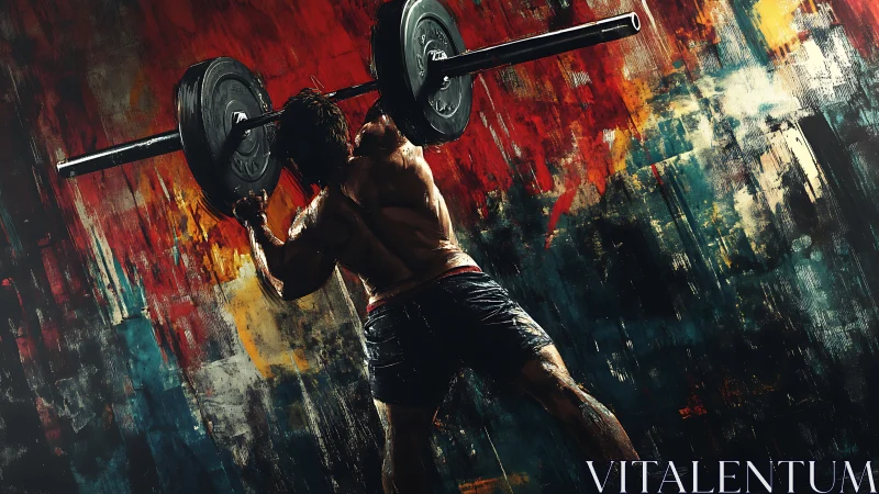 Male weightlifter holding barbell against abstract backdrop.