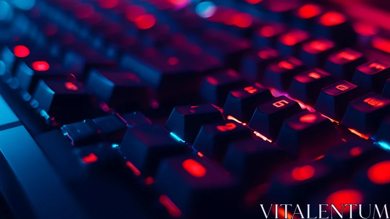 Neon-lit mechanical keyboard in vivid cyber glow closeup.