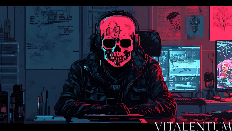 Neon-lit skull hacker calmly surveys glowing cyber screens