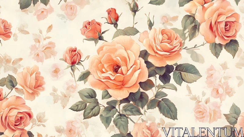 Romantic garden roses with botanical detail rendered in watercolor technique.