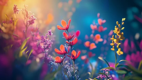 Vibrant wildflowers bloom against soft bokeh gradient backdrop.