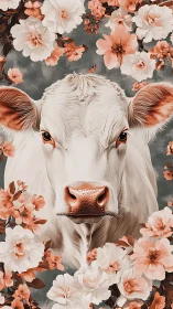 Floral-framed bovine portrait with hyper-detailed coat rendering.