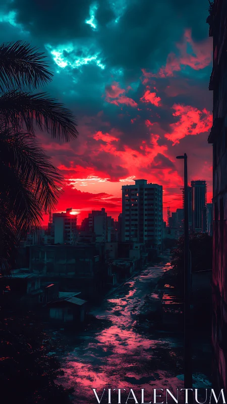 Electric sunset over quiet city streets, sky alive with color.