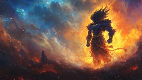 Mythic humanoid figure stands in burning atmospheric vortex