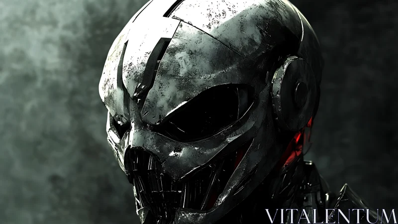 Scarred chrome skull android under moody cinematic lighting.