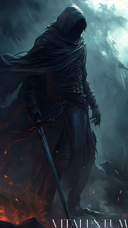 Hooded wraith swordsman in volcanic ash and icy storm