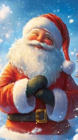 Joyful Santa in snowy sunlight with radiant warm glow.