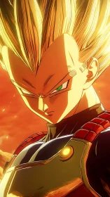 Golden-haired anime warrior channels blazing cosmic power.