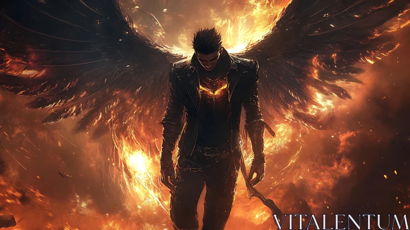 Dark winged figure walking through fiery inferno. Period.