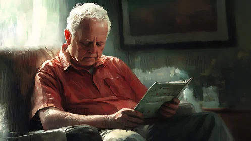 Elderly reader in warm interior, contemplative side lighting.
