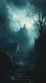 Moonlit hilltop path winds toward a lonely, misty house