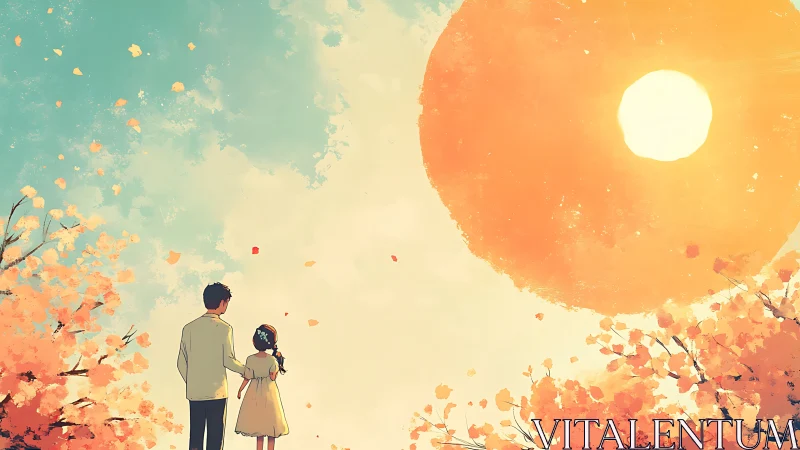 Backlit siblings beneath oversized painterly sunset sphere.