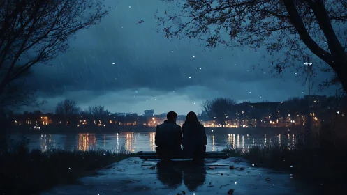 Two Figures Silhouetted Against Rainy Urban Waterfront at Dusk.