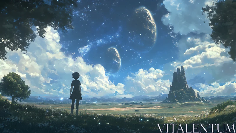 Wide-angle cosmic landscape shows lone figure beneath dual planets