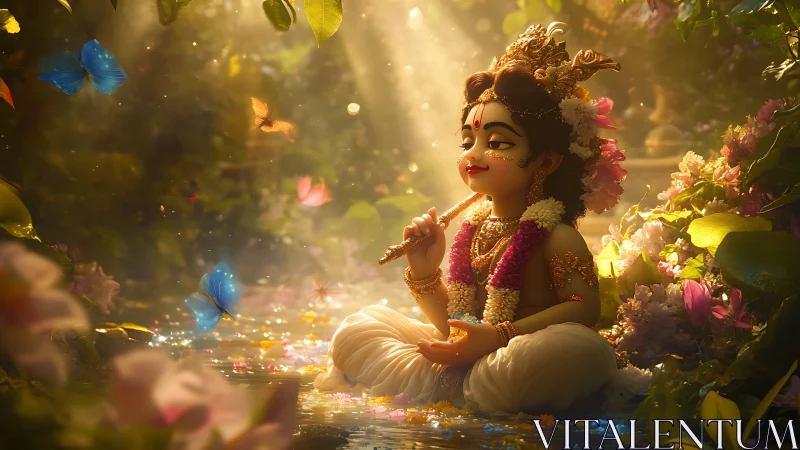 Child deity statue sits in floral forest clearing with butterflies