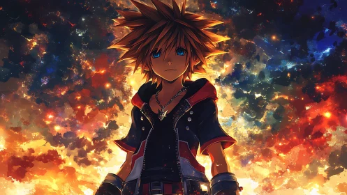 Spiky‑haired anime hero stands before blazing cosmic sky.