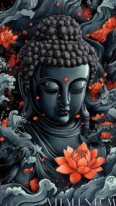 Monochrome Buddha bust with vivid orange lotus and swirling waves