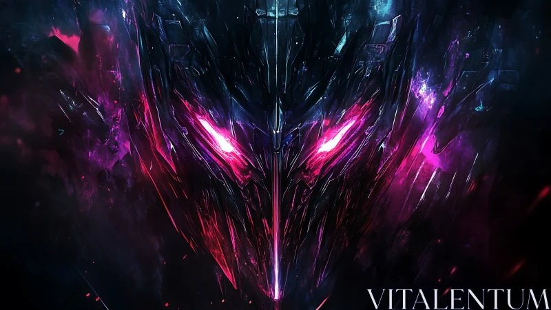 Neon cybernetic mask with blazing magenta core light.