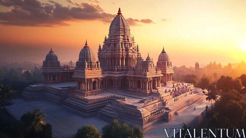 Digital render shows stepped stone temple complex at sunset