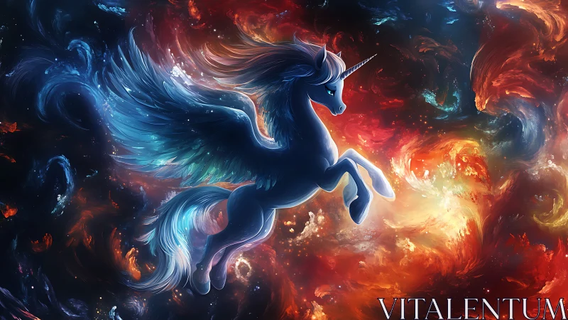 Winged blue unicorn in swirling cosmic nebula scene.