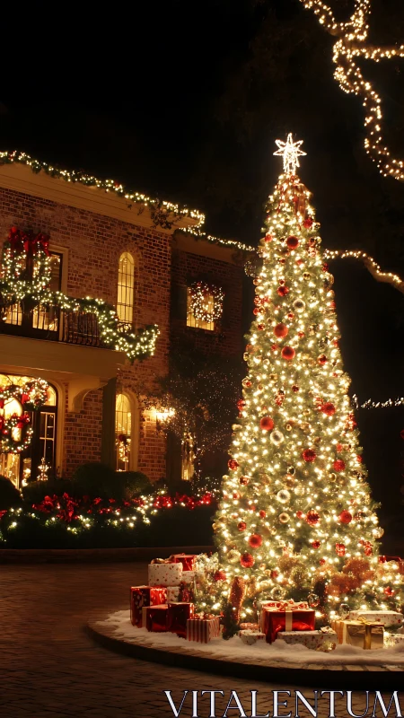 Illuminated outdoor Christmas tree and decorated brick home.