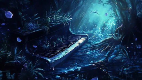 Moonlit forest piano whispers glowing notes into water