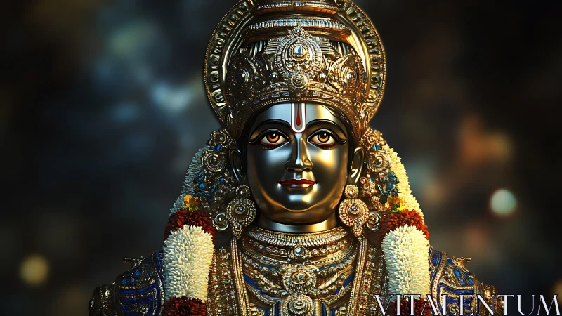 Photorealistic deity idol portrait with ornate metallic detailing.