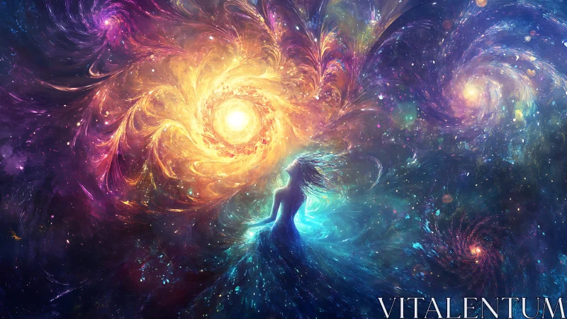 Stellar vortex goddess amid chromatic nebular energy fields.