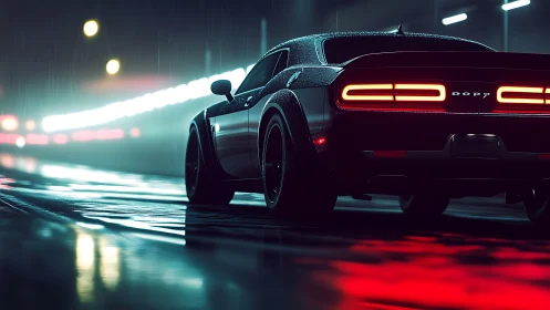 Rear three-quarter muscle car in neon-lit wet night street