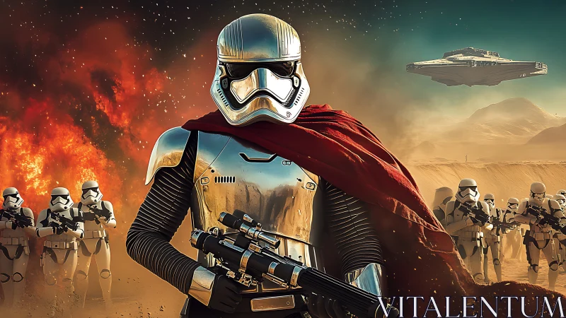 Armored space commander leads stormtroopers across desert warzone.