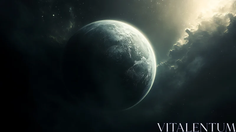 Icy exoplanet drifts through luminous stormlit nebula void.