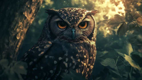 Majestic owl in mystical forest with dramatic lighting at dusk.