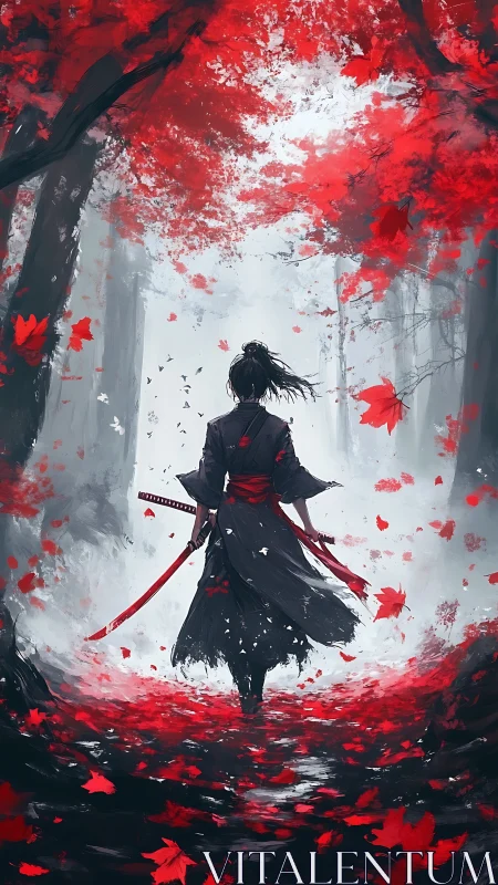 Lone samurai beneath crimson maples in misted forest path.