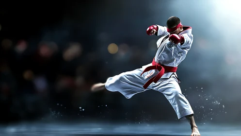 Martial artist executing side kick in controlled studio light.