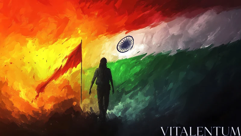 Bold silhouette walking through vibrant Indian flag colors.