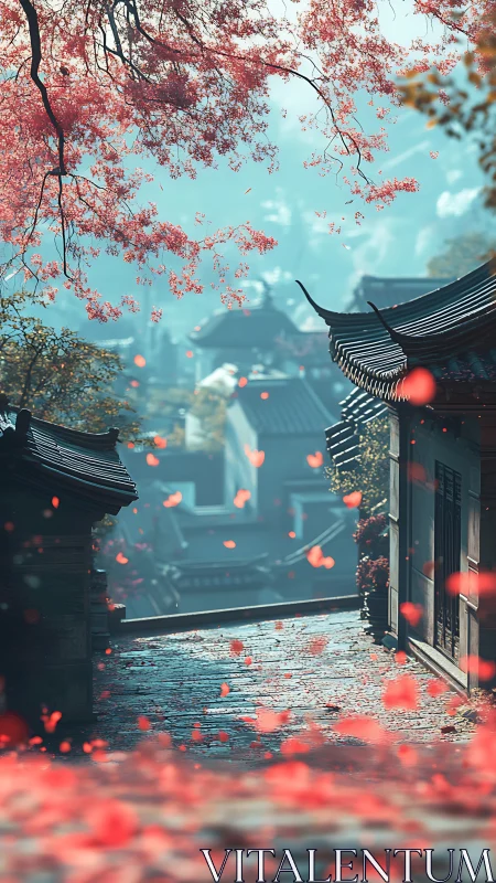 Cherry blossoms over narrow stone alley in old town.