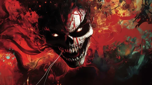 Digital painting of demonic skull in eruptive abstract reds.