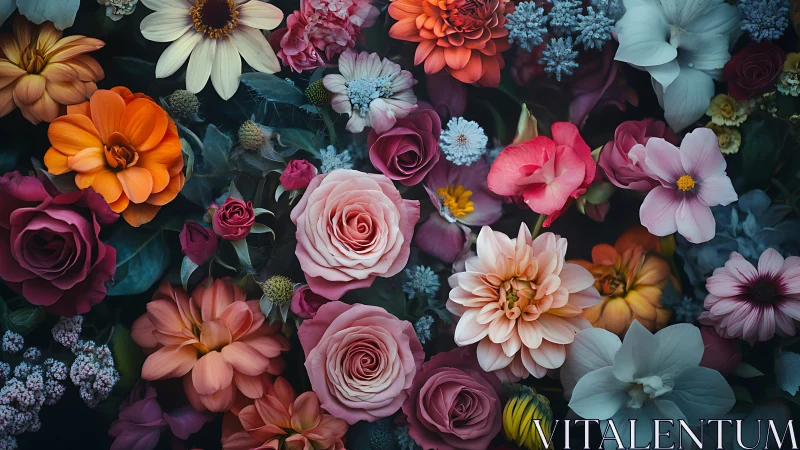 Floral arrangement overhead view on dark background.