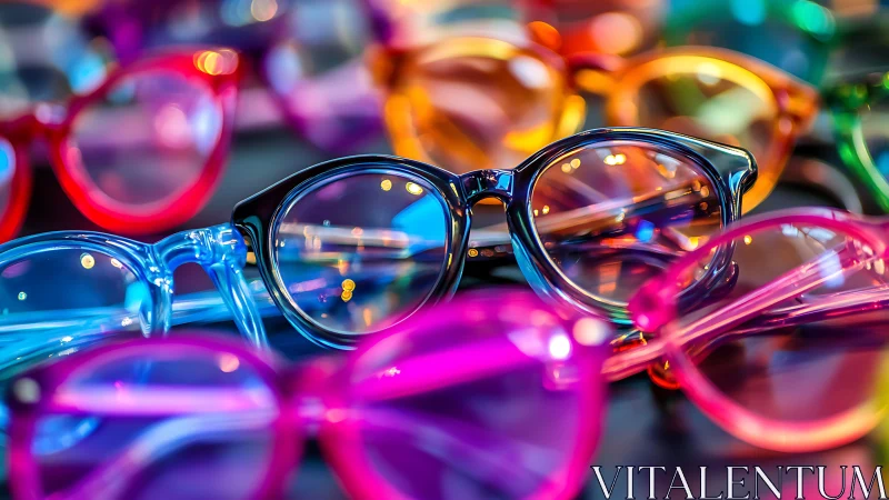 Chromatic acrylic eyeglass cluster in shallow optical focus.