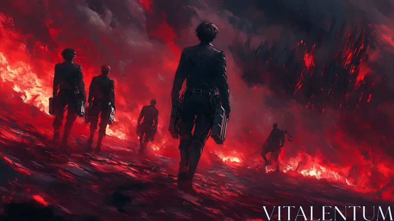 Squad enters burning wasteland under bloodred storm sky.