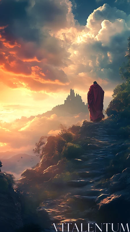 Pilgrim in red climbs toward a cloud crowned mountain citadel.